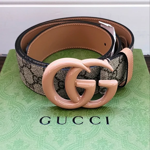 $599 Brand New Gucci GG Marmont Supreme Belt Canvas Nude 90/36 Enamel Buckle - Picture 1 of 8